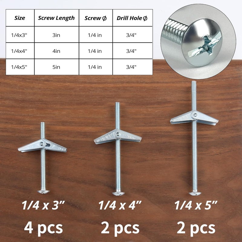 HASWARE Toggle Bolt Zinc Plated Steel and Wing Nut for Hanging Heavy Items on Drywall 1/4 Multi (8 Pack) - Image 2